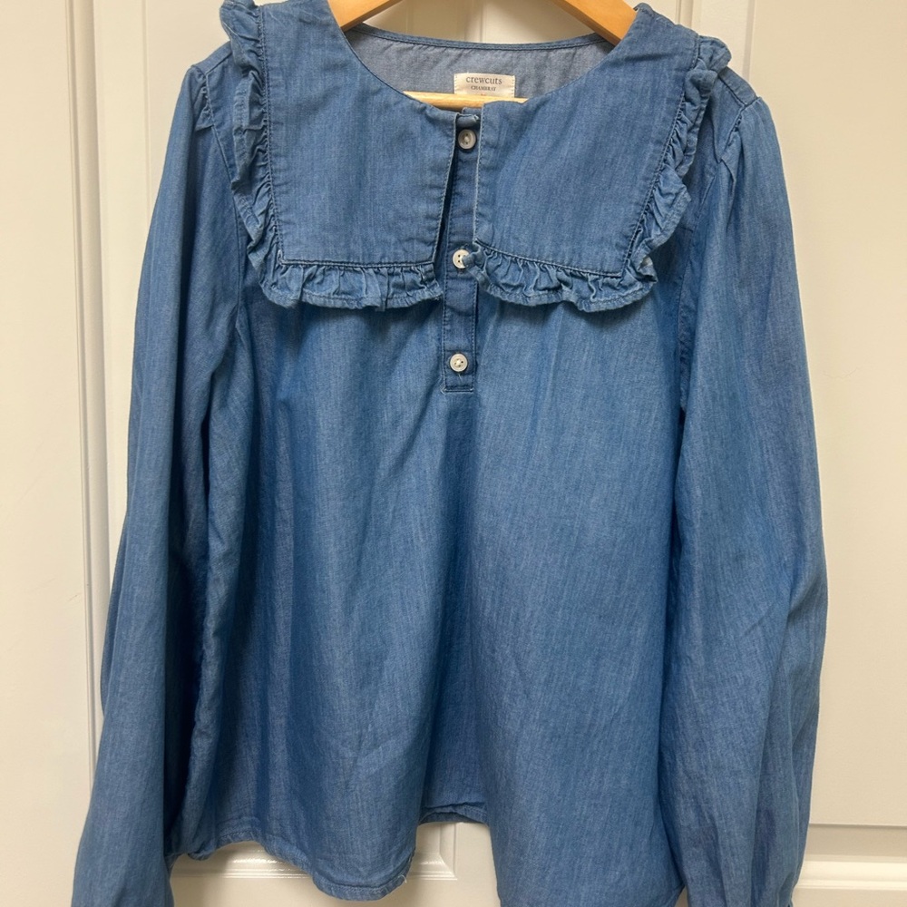 Crewcuts Girls' Blue Chambray Ruffle Collar Top size L